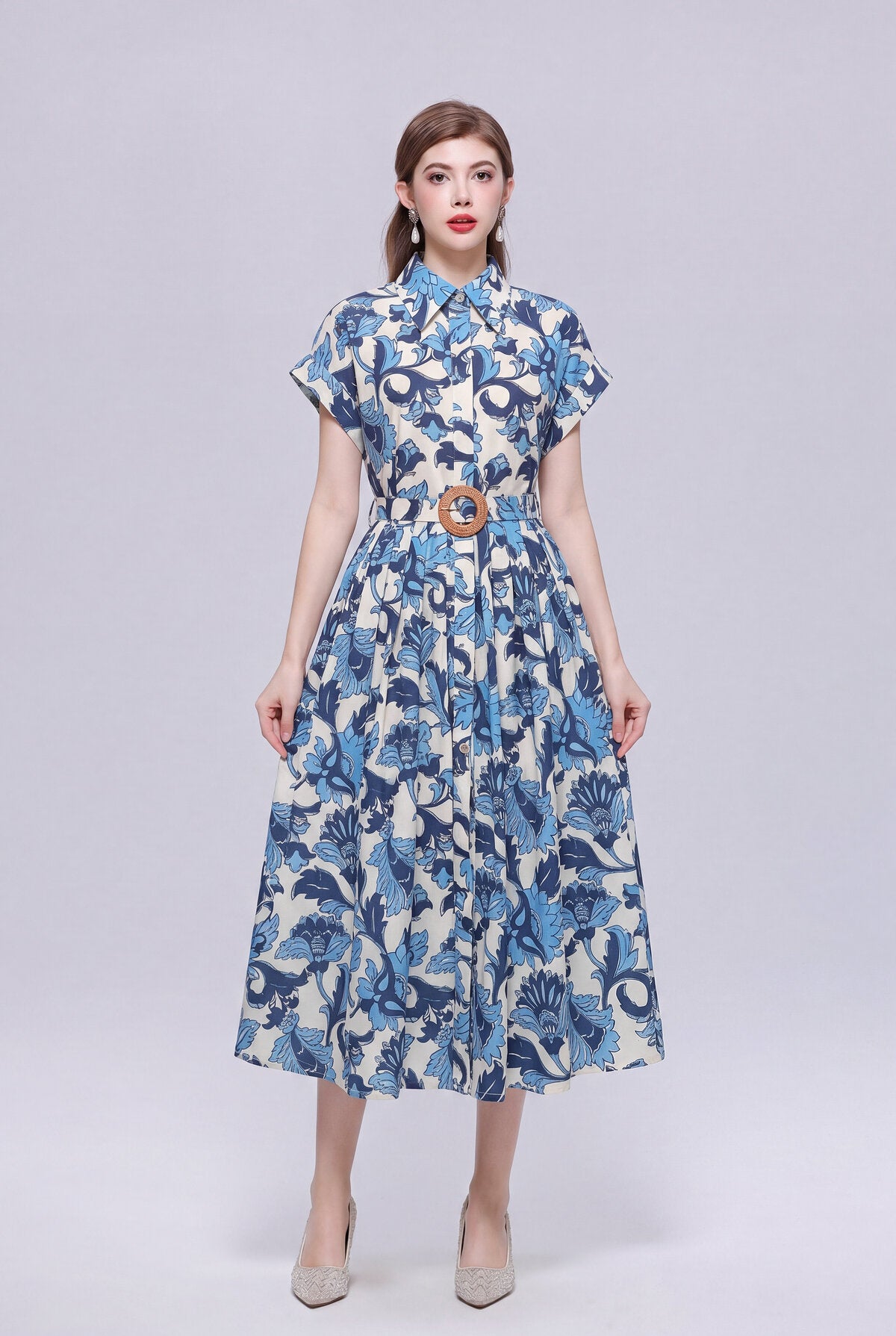 Cobalt & Ivory Botanical Damask Belted Shirt Midi Dress