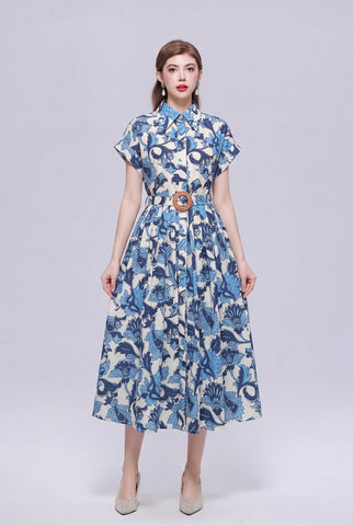 Cobalt & Ivory Botanical Damask Belted Shirt Midi Dress