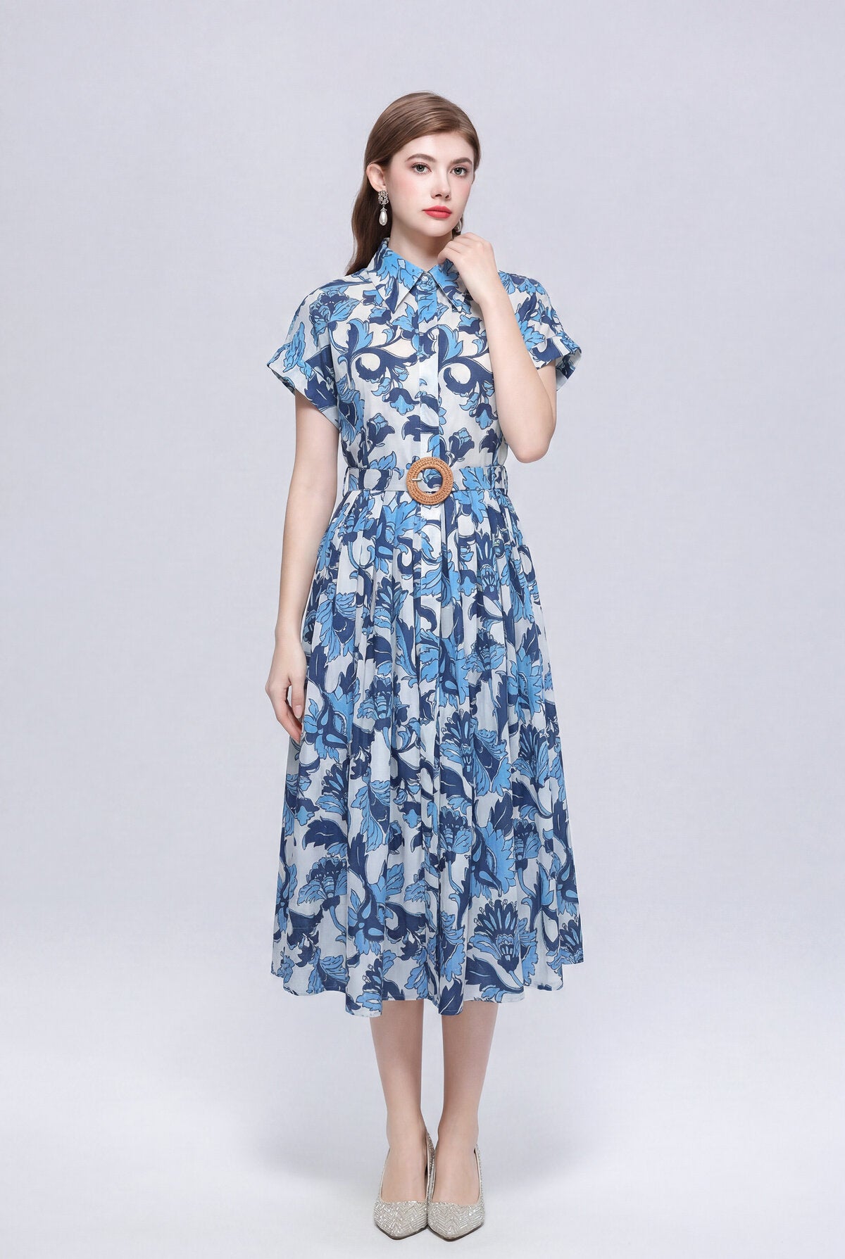 Cobalt & Ivory Botanical Damask Belted Shirt Midi Dress