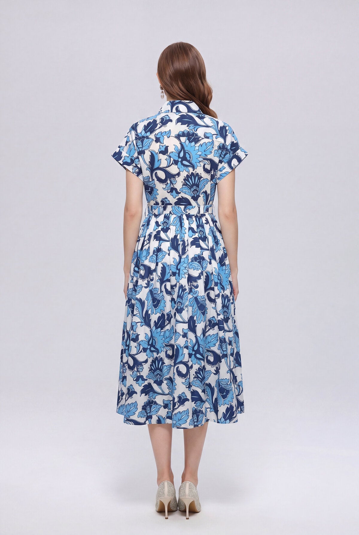 Cobalt & Ivory Botanical Damask Belted Shirt Midi Dress