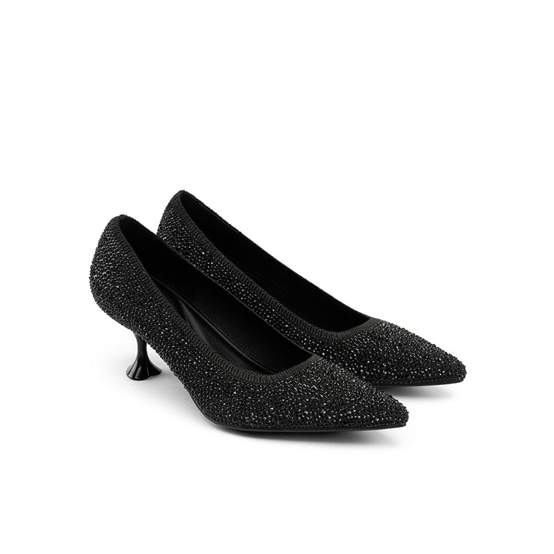 Cocktail Rhinestone Kitten Heels – Pointed Toe Crystal Knit Pumps
