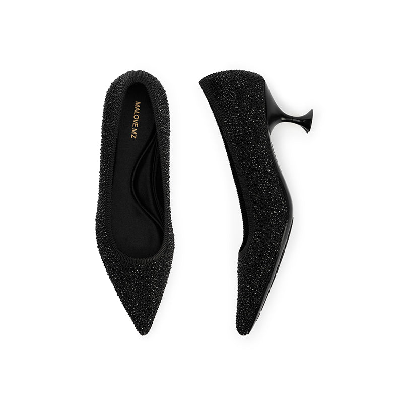 Cocktail Rhinestone Kitten Heels – Pointed Toe Crystal Knit Pumps