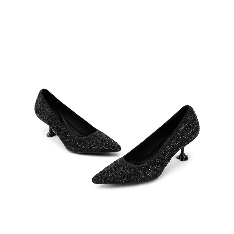 Cocktail Rhinestone Kitten Heels – Pointed Toe Crystal Knit Pumps