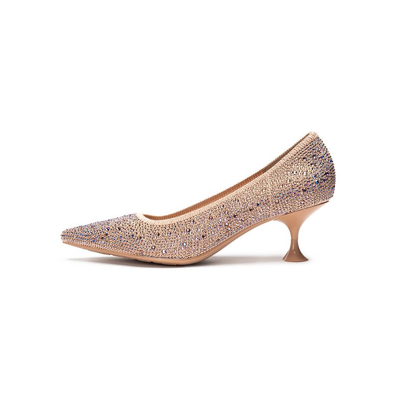 Cocktail Rhinestone Kitten Heels – Pointed Toe Crystal Knit Pumps