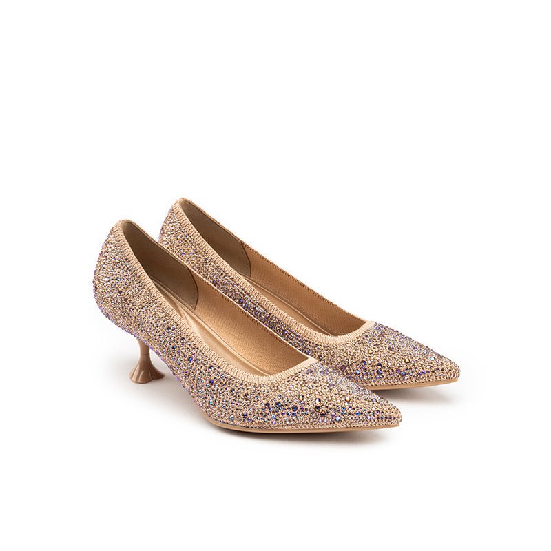 Cocktail Rhinestone Kitten Heels – Pointed Toe Crystal Knit Pumps
