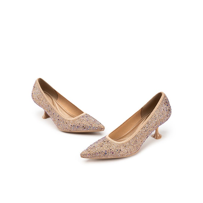 Cocktail Rhinestone Kitten Heels – Pointed Toe Crystal Knit Pumps