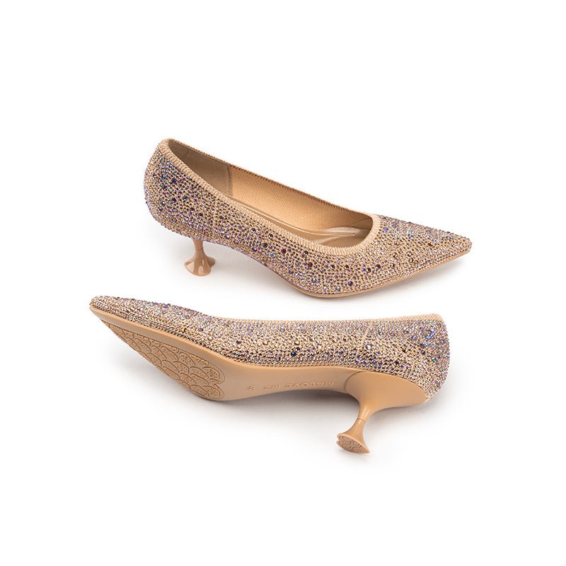 Cocktail Rhinestone Kitten Heels – Pointed Toe Crystal Knit Pumps