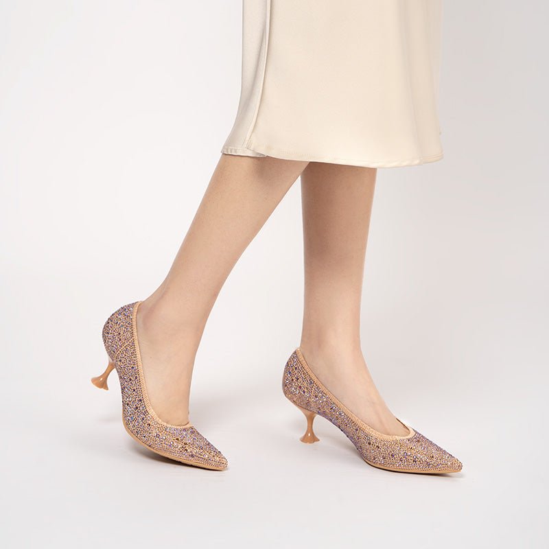 Cocktail Rhinestone Kitten Heels – Pointed Toe Crystal Knit Pumps