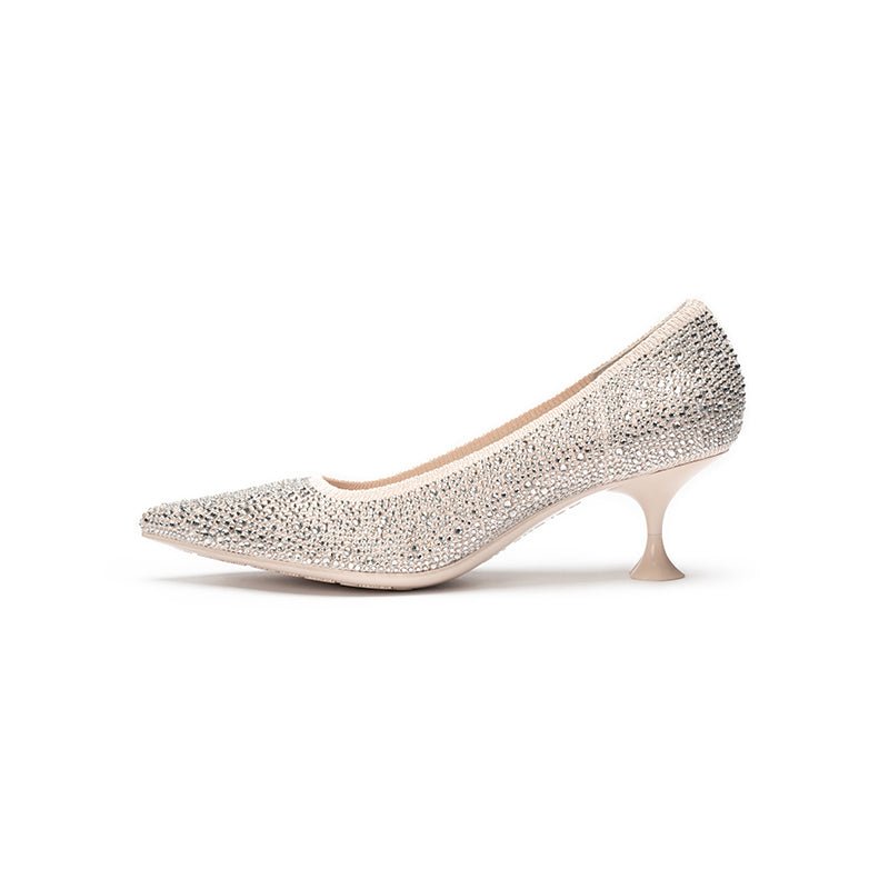Cocktail Rhinestone Kitten Heels – Pointed Toe Crystal Knit Pumps