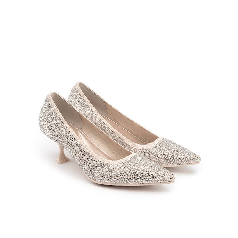 Cocktail Rhinestone Kitten Heels – Pointed Toe Crystal Knit Pumps