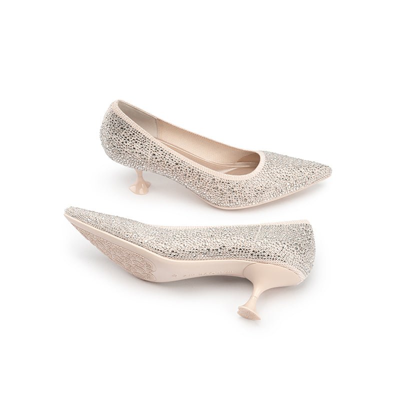 Cocktail Rhinestone Kitten Heels – Pointed Toe Crystal Knit Pumps