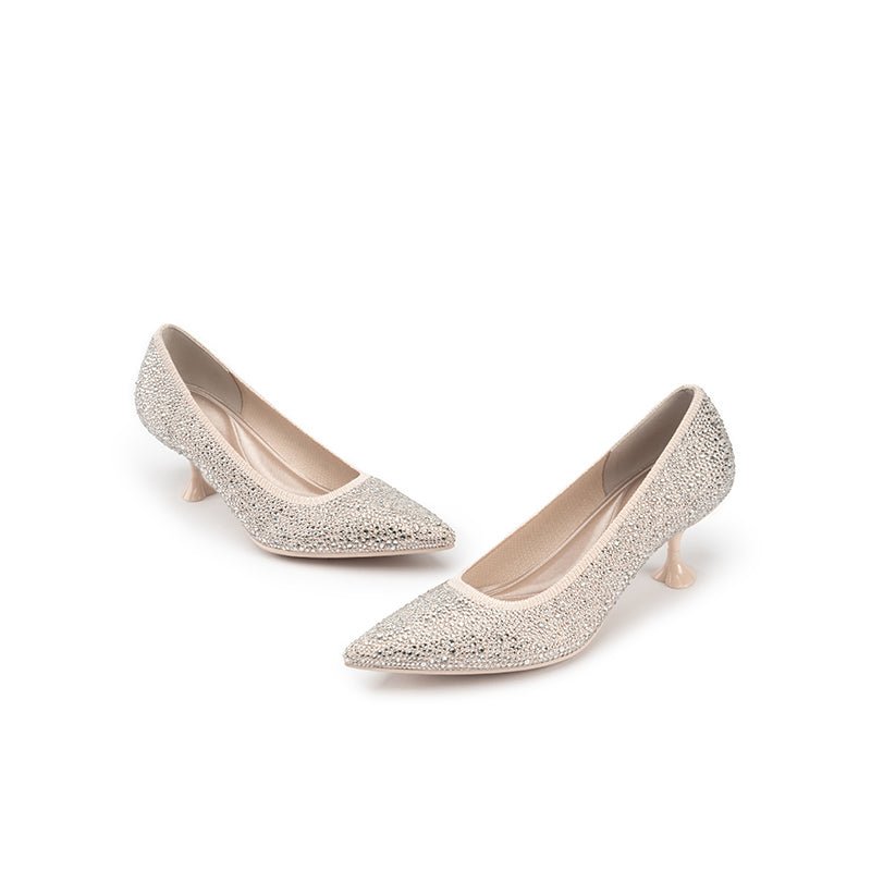 Cocktail Rhinestone Kitten Heels – Pointed Toe Crystal Knit Pumps