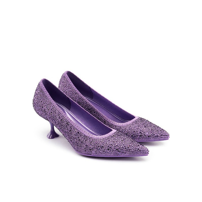 Cocktail Rhinestone Kitten Heels – Pointed Toe Crystal Knit Pumps