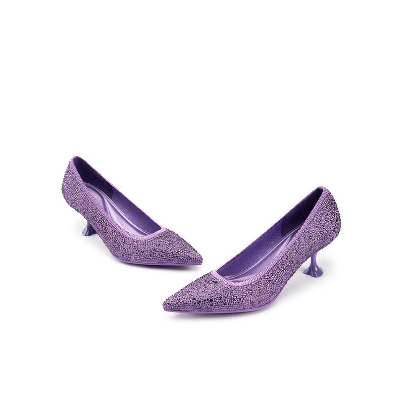 Cocktail Rhinestone Kitten Heels – Pointed Toe Crystal Knit Pumps