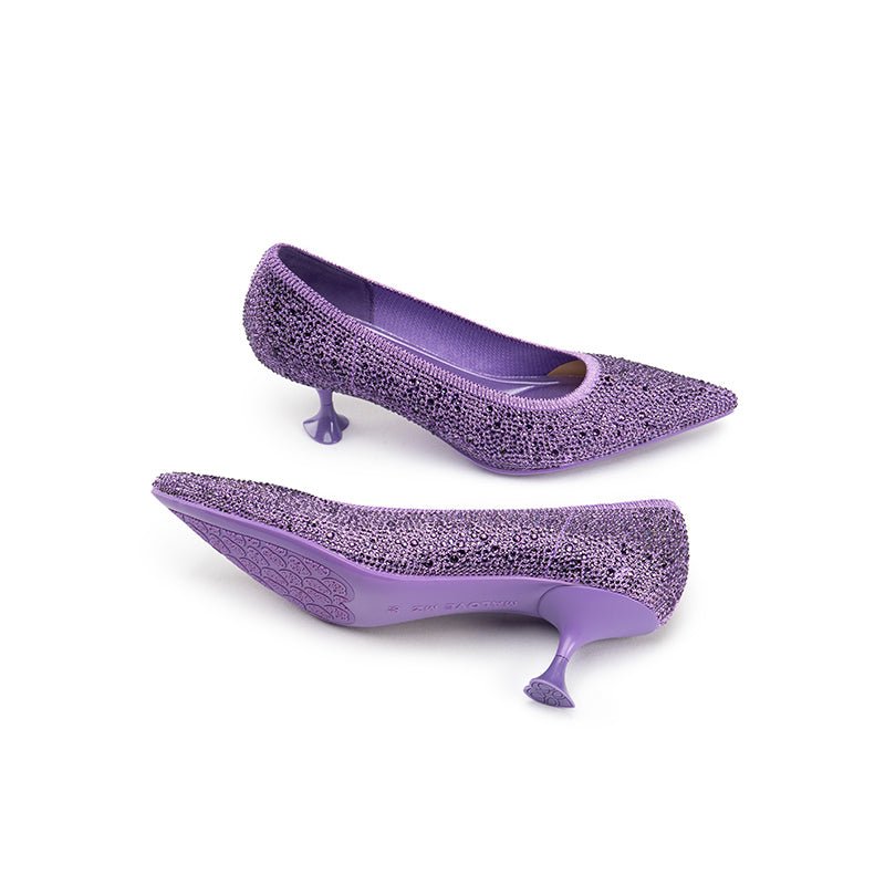 Cocktail Rhinestone Kitten Heels – Pointed Toe Crystal Knit Pumps