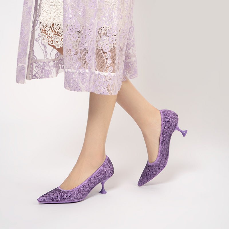 Cocktail Rhinestone Kitten Heels – Pointed Toe Crystal Knit Pumps