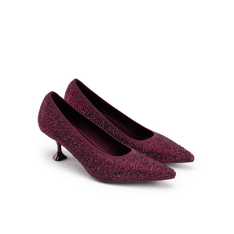 Cocktail Rhinestone Kitten Heels – Pointed Toe Crystal Knit Pumps