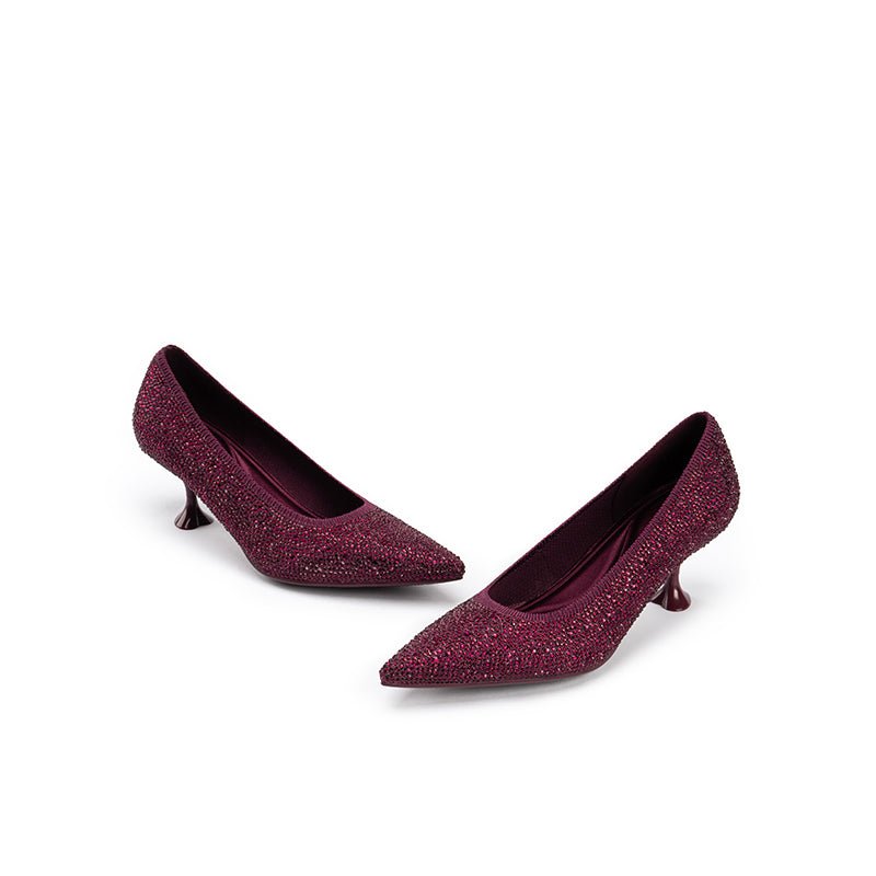 Cocktail Rhinestone Kitten Heels – Pointed Toe Crystal Knit Pumps