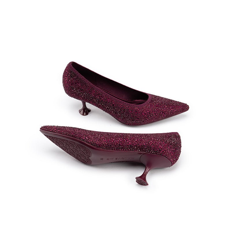 Cocktail Rhinestone Kitten Heels – Pointed Toe Crystal Knit Pumps