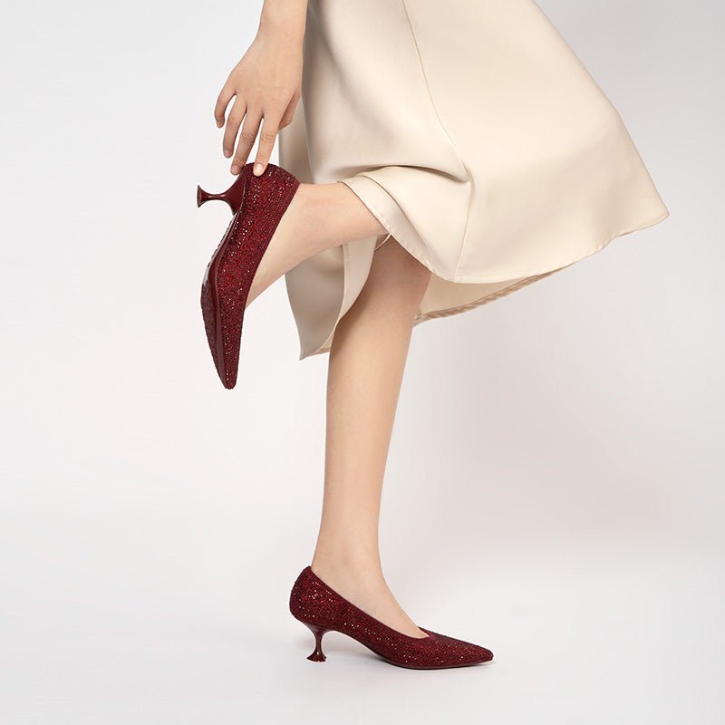 Cocktail Rhinestone Kitten Heels – Pointed Toe Crystal Knit Pumps