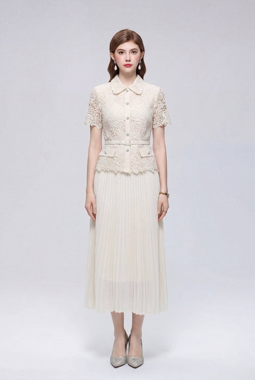 Collared Lace Peplum Midi Dress with Pearl Buttons and Pleated Skirt