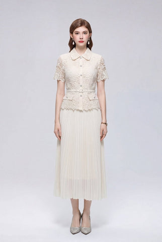 Collared Lace Peplum Midi Dress with Pearl Buttons and Pleated Skirt