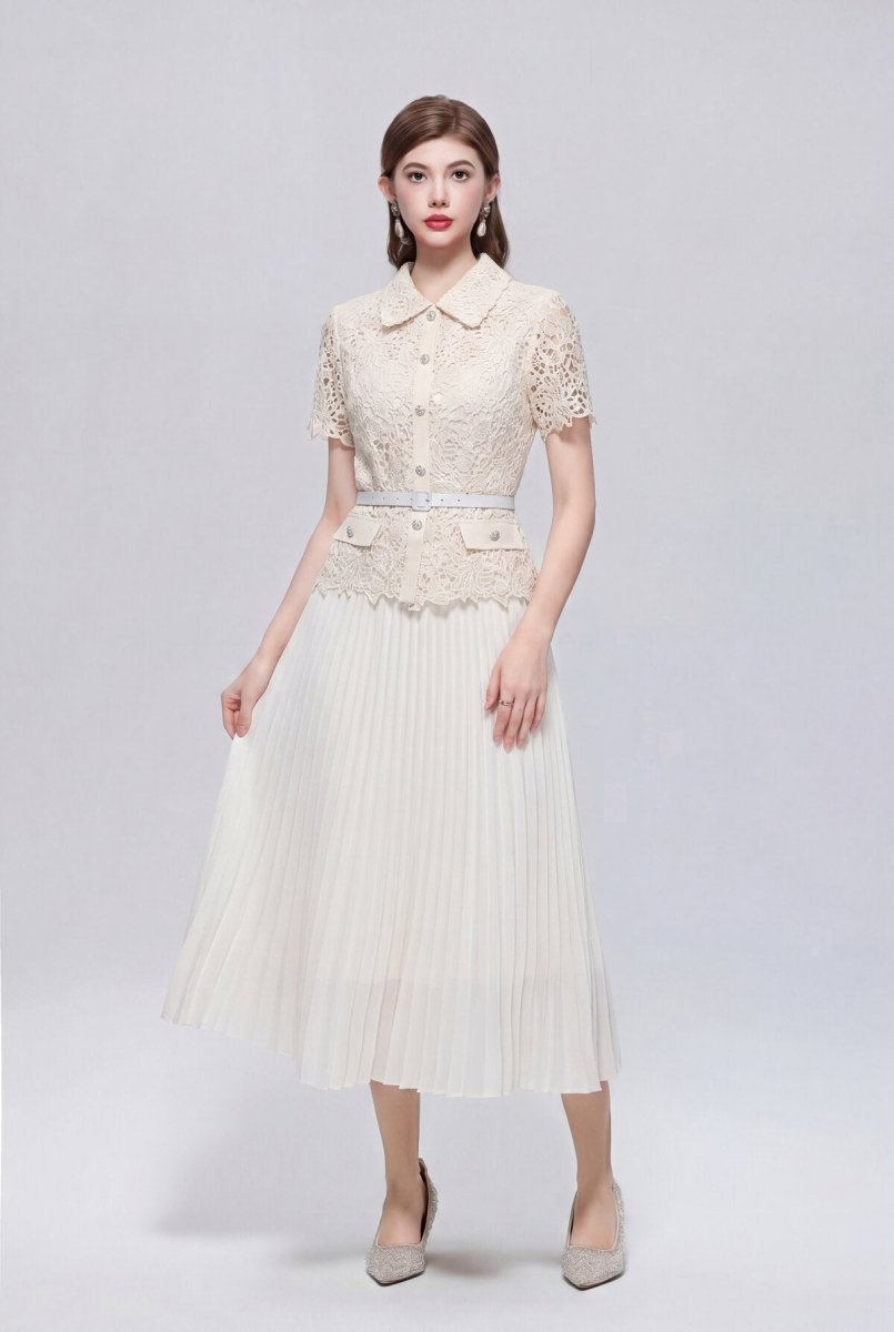 Collared Lace Peplum Midi Dress with Pearl Buttons and Pleated Skirt