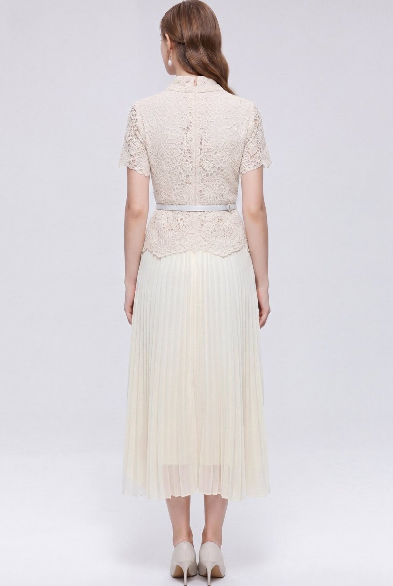 Collared Lace Peplum Midi Dress with Pearl Buttons and Pleated Skirt