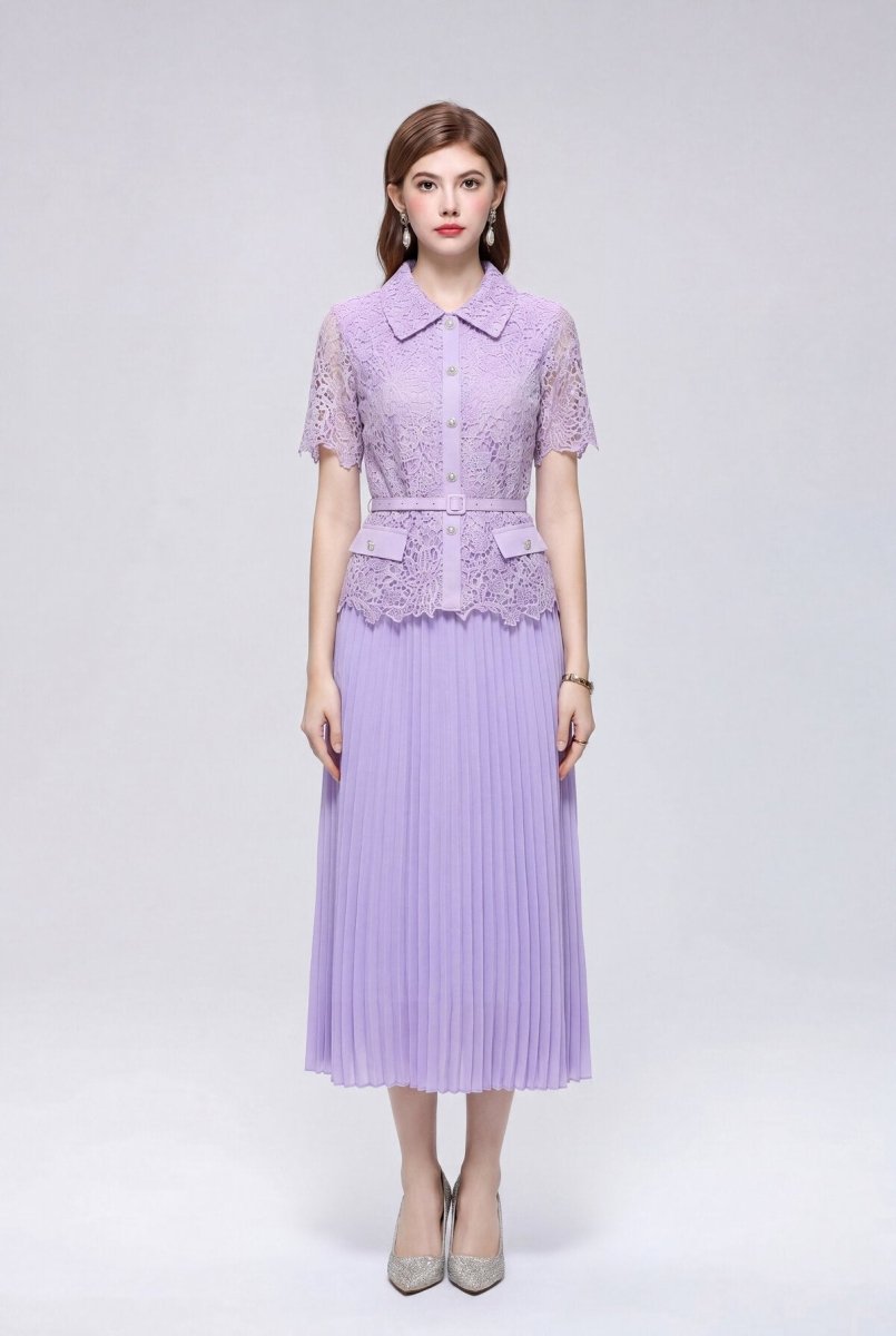 Collared Lace Peplum Midi Dress with Pearl Buttons and Pleated Skirt