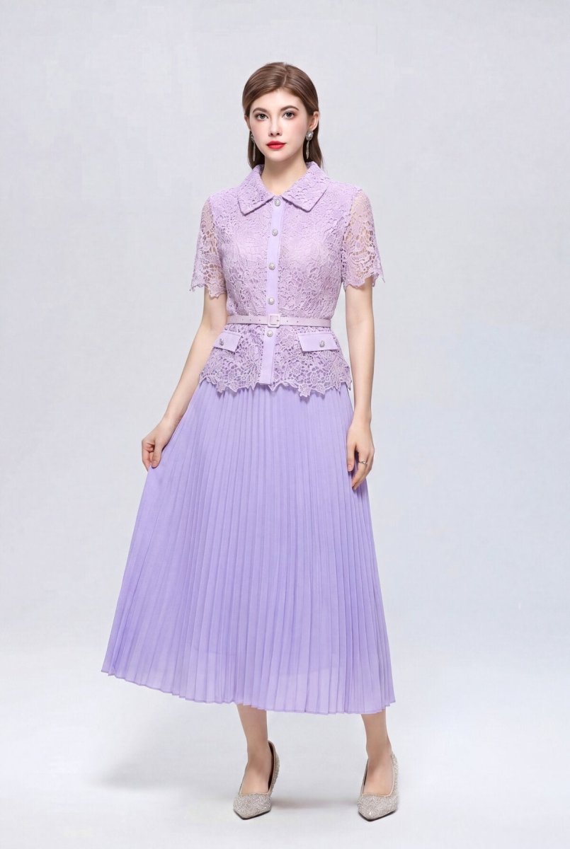 Collared Lace Peplum Midi Dress with Pearl Buttons and Pleated Skirt