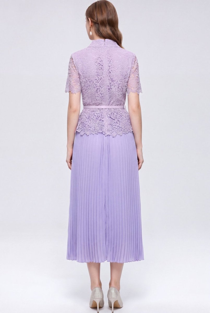 Collared Lace Peplum Midi Dress with Pearl Buttons and Pleated Skirt