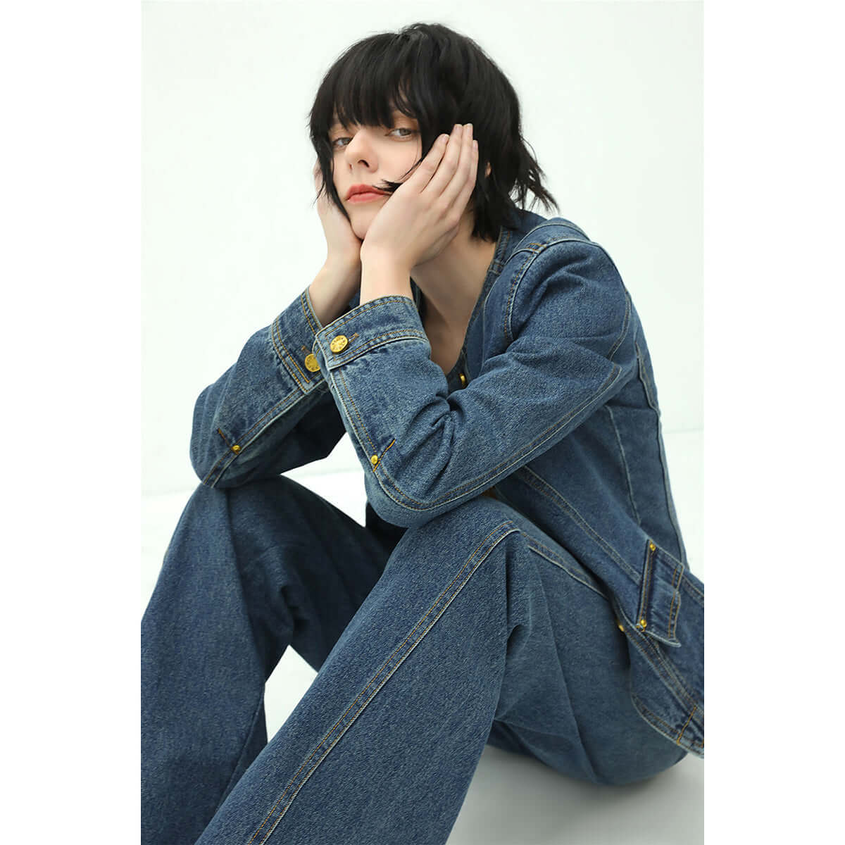 collarless blue denim jacket all blue 2