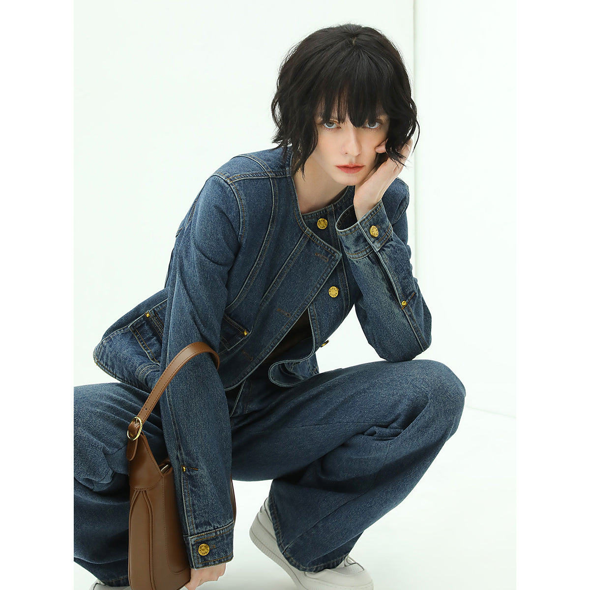 collarless blue denim jacket all blue 3