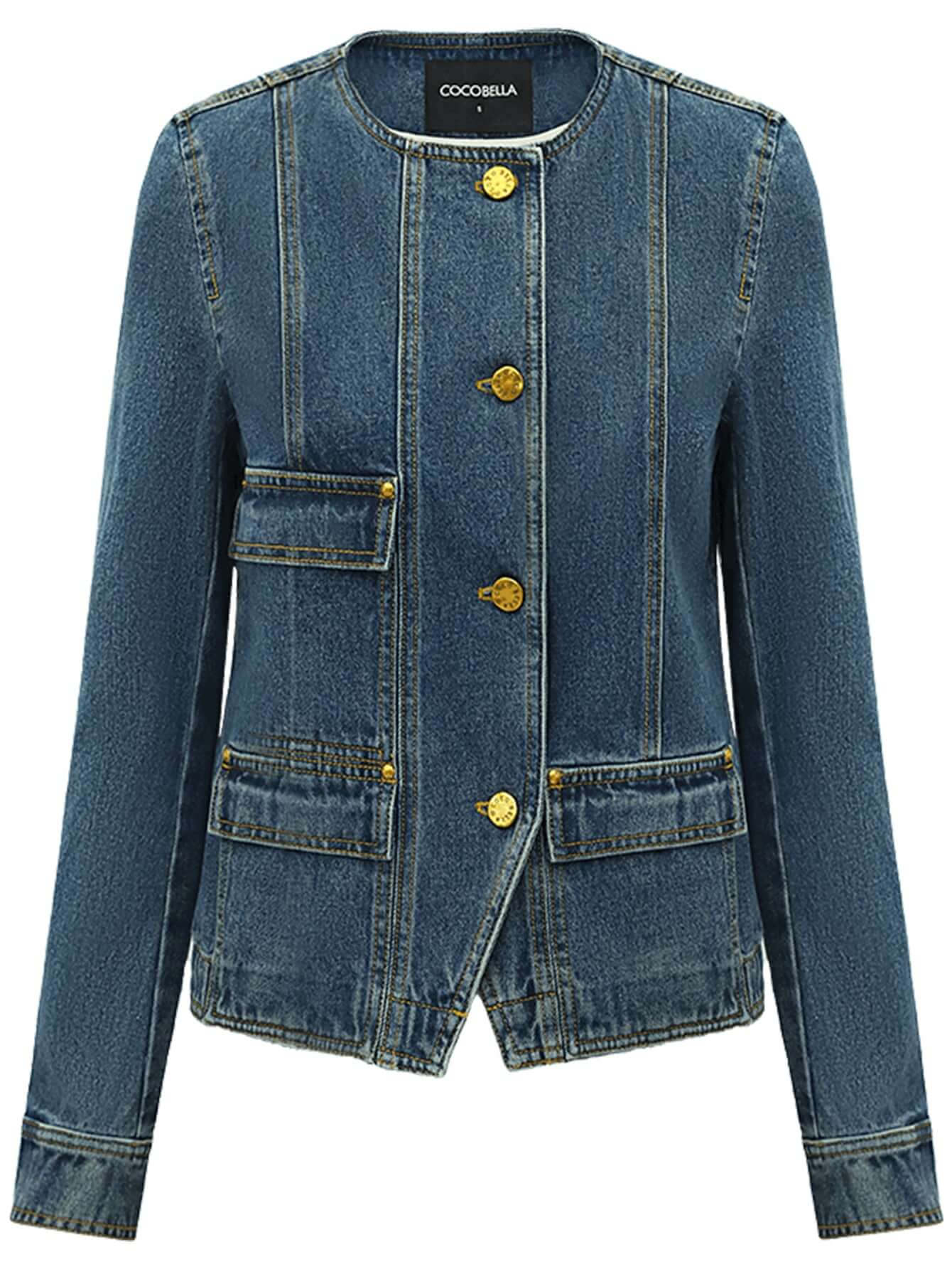 collarless blue denim jacket all blue 4