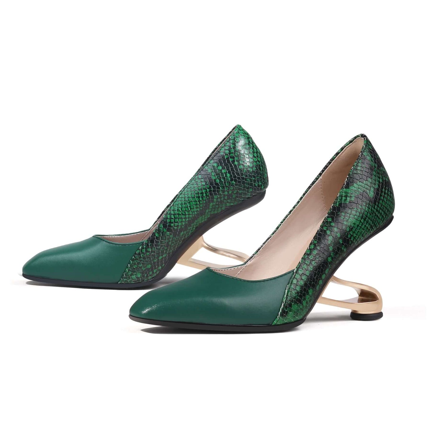color block faux snake skin pumps all green 7