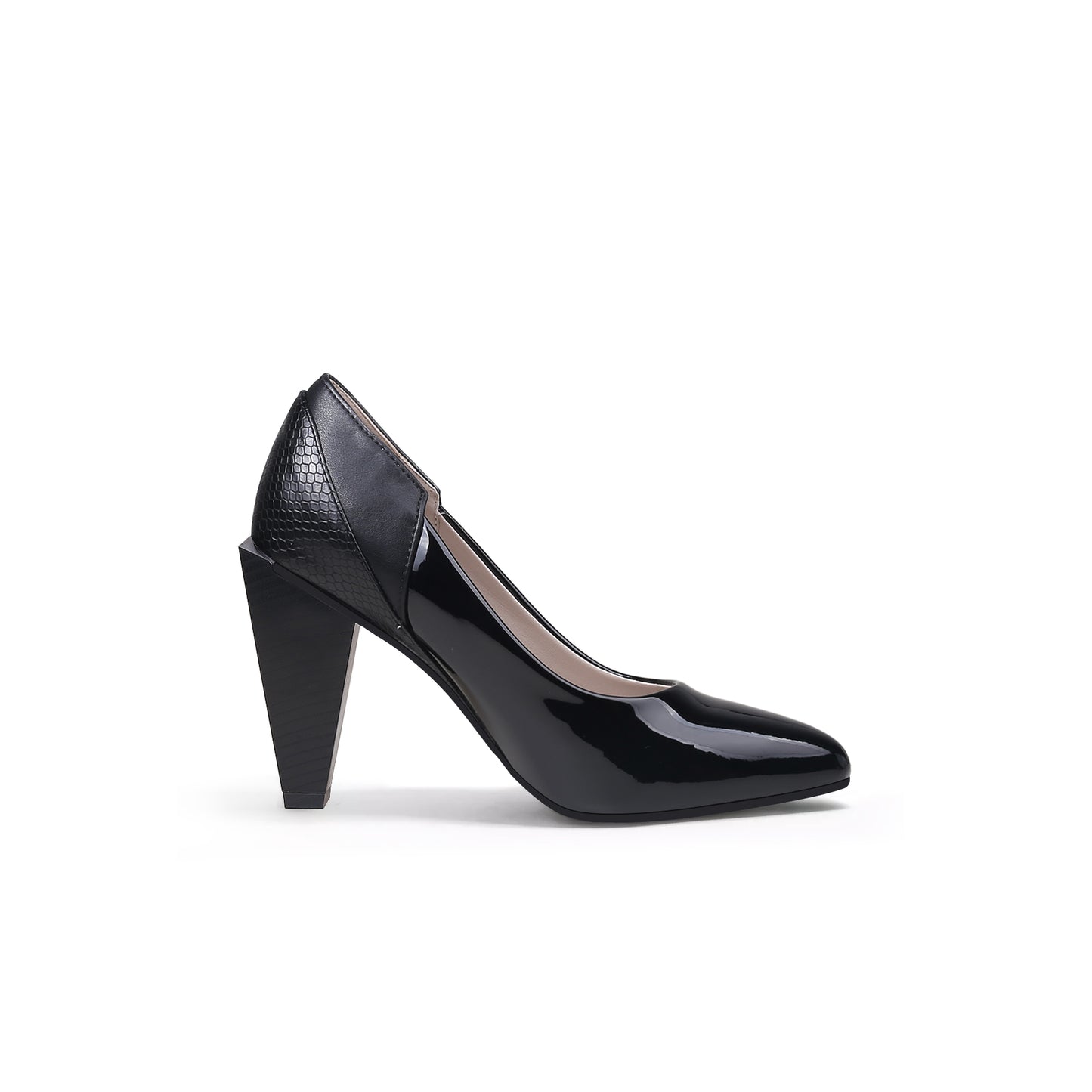 color block rhombus heel pumps all black 3