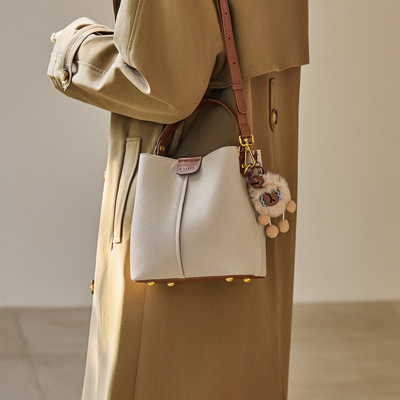 Colorblock Leather Bucket Shoulder Bag