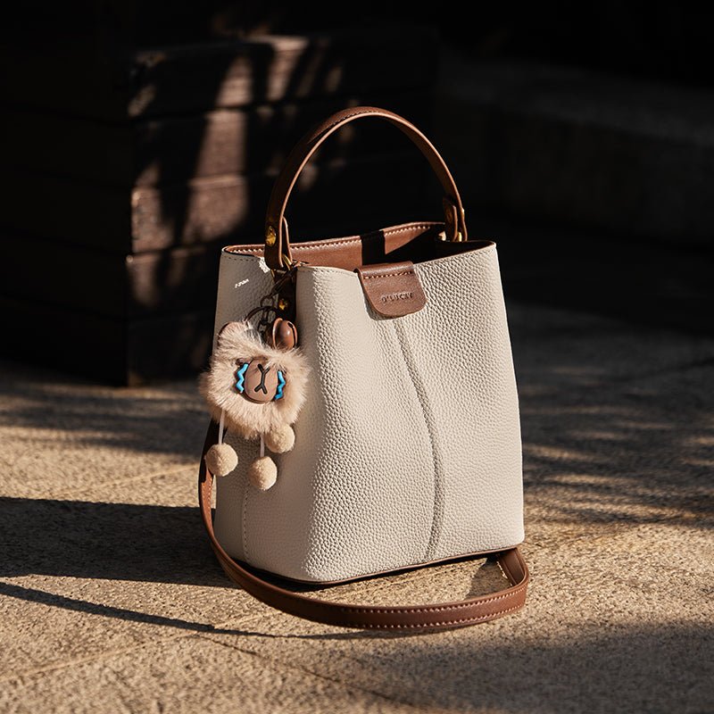 Colorblock Leather Bucket Shoulder Bag