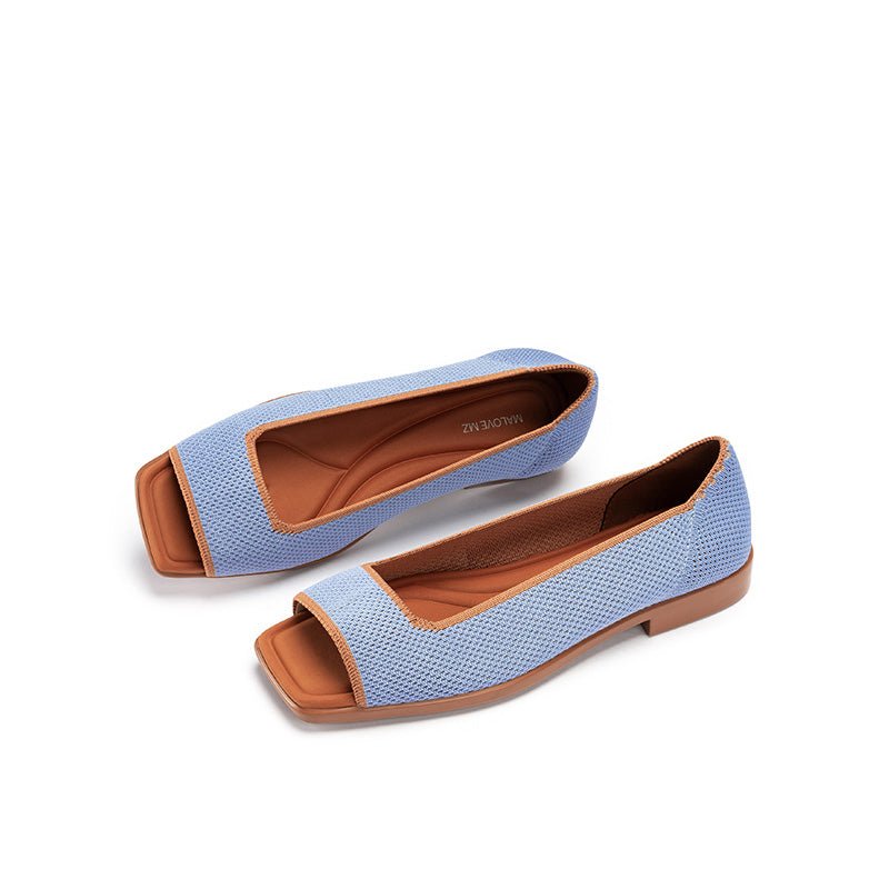 Colorblock Peep Toe Knit Flats – Square Toe Low Heel Sandals