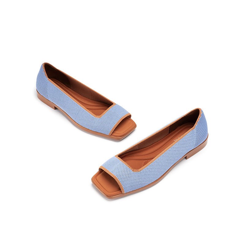 Colorblock Peep Toe Knit Flats – Square Toe Low Heel Sandals