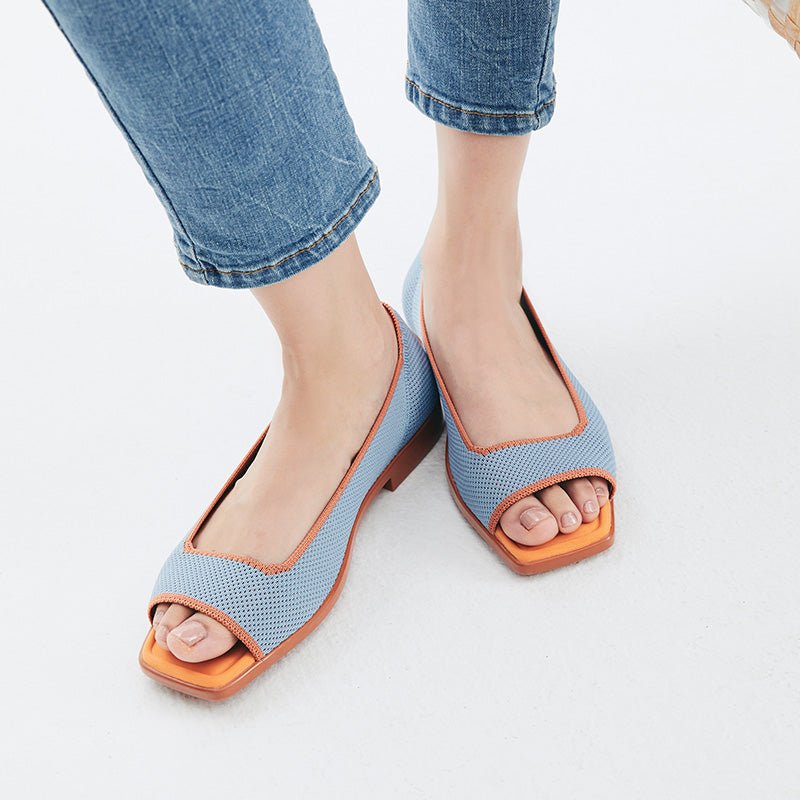 Colorblock Peep Toe Knit Flats – Square Toe Low Heel Sandals