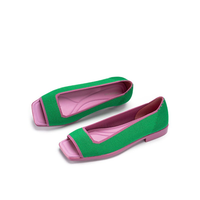 Colorblock Peep Toe Knit Flats – Square Toe Low Heel Sandals