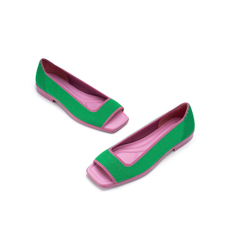 Colorblock Peep Toe Knit Flats – Square Toe Low Heel Sandals