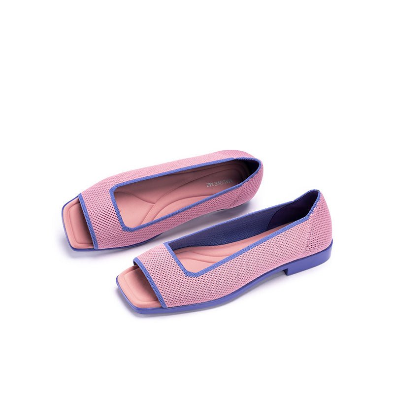 Colorblock Peep Toe Knit Flats – Square Toe Low Heel Sandals