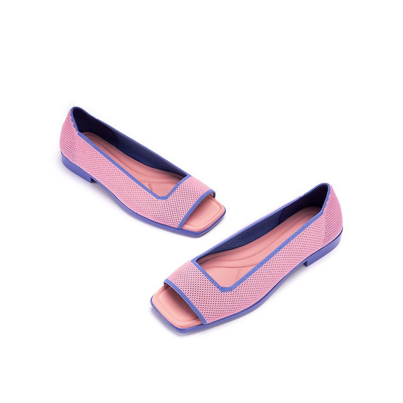 Colorblock Peep Toe Knit Flats – Square Toe Low Heel Sandals