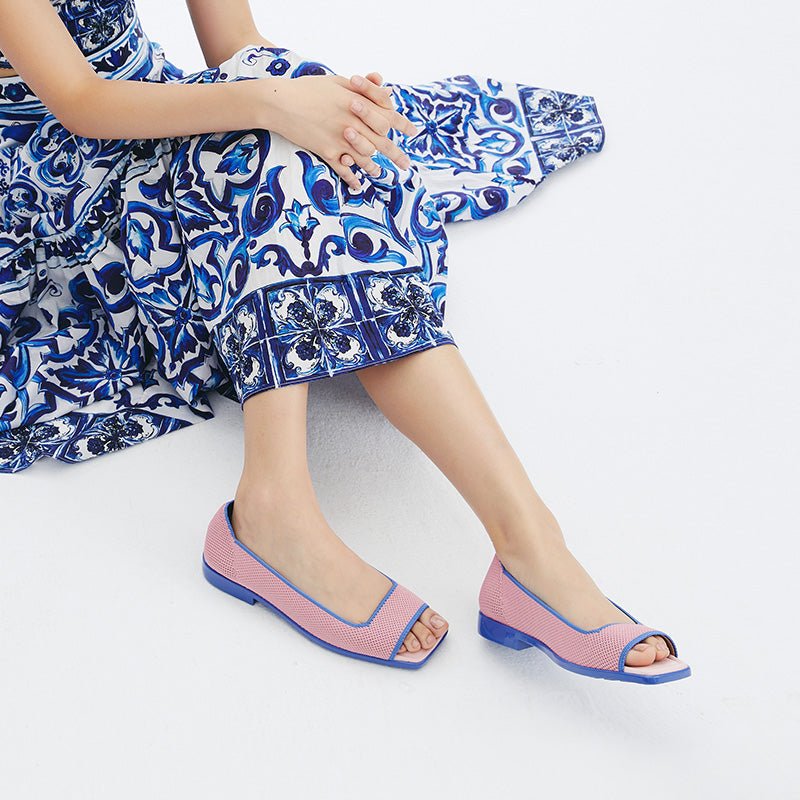 Colorblock Peep Toe Knit Flats – Square Toe Low Heel Sandals