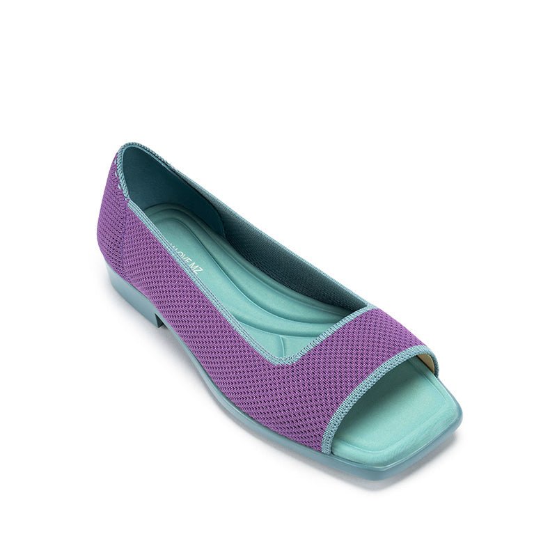 Colorblock Peep Toe Knit Flats – Square Toe Low Heel Sandals