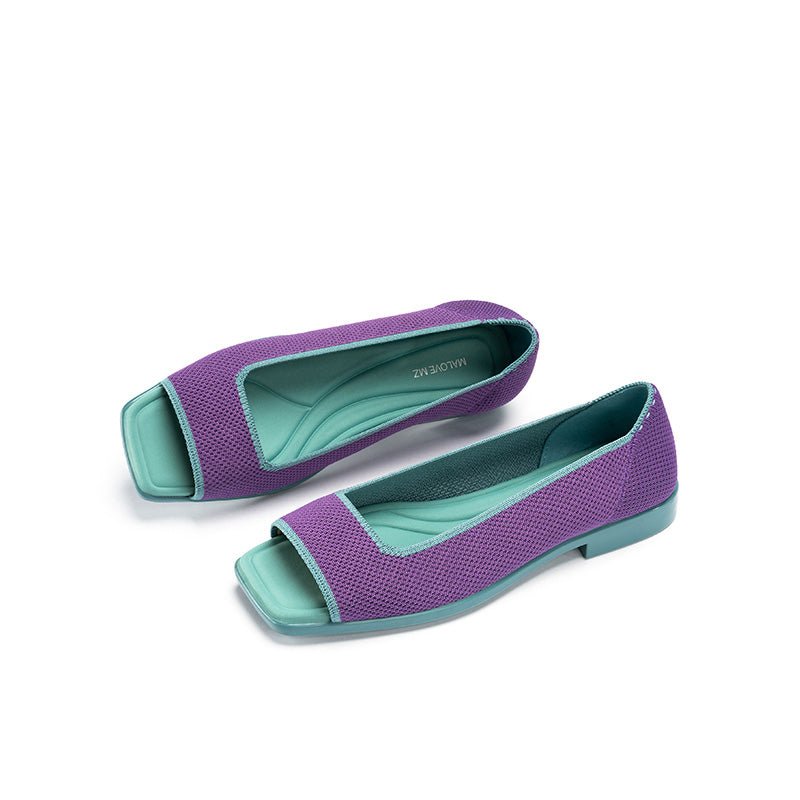 Colorblock Peep Toe Knit Flats – Square Toe Low Heel Sandals