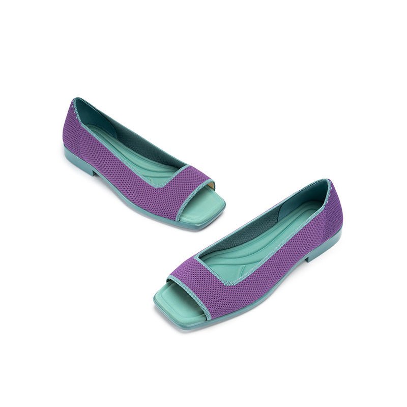 Colorblock Peep Toe Knit Flats – Square Toe Low Heel Sandals