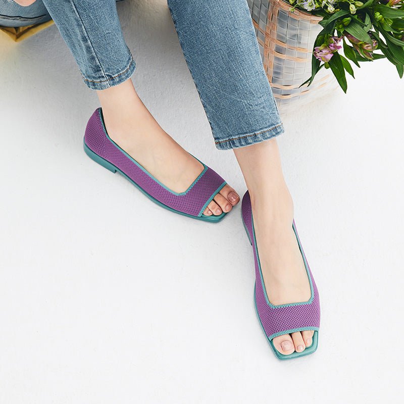 Colorblock Peep Toe Knit Flats – Square Toe Low Heel Sandals